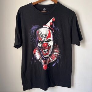 Gildan Black Tee with Red and White Clown Graphic Scary Halloween Medium